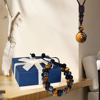Triple Protection Crystal Bracelet – Handmade Tiger Eye, Hematite &amp; Black Obsidian Natural Stone Beads – 8mm Healing Bracelet for Men &amp; Women