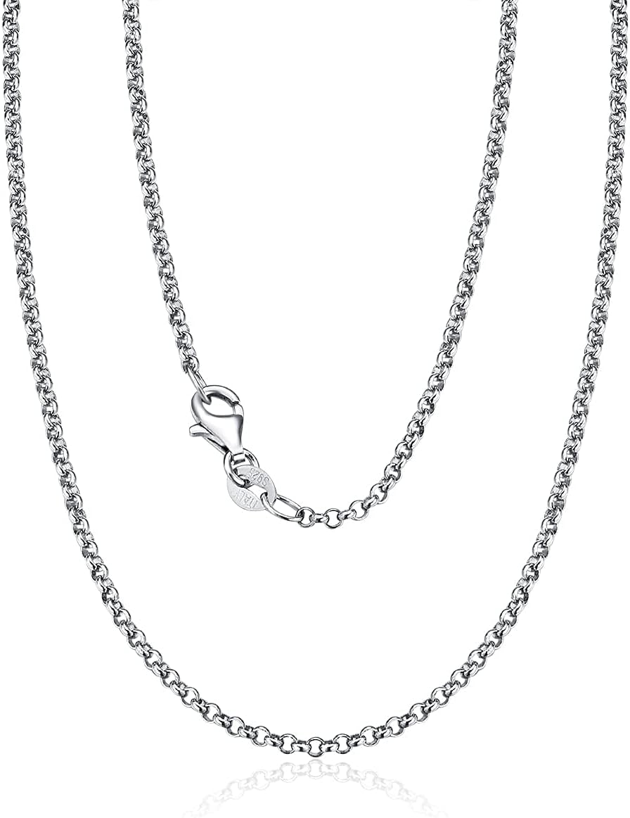 2MM Rolo Chain Necklace – Sterling Silver with White Gold Plating, Minimalist Shiny Design – Fine Jewelry for Men &amp; Women with Lobster Clasp