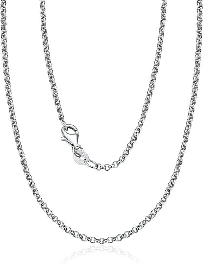 2MM Rolo Chain Necklace – Sterling Silver with White Gold Plating, Minimalist Shiny Design – Fine Jewelry for Men &amp; Women with Lobster Clasp