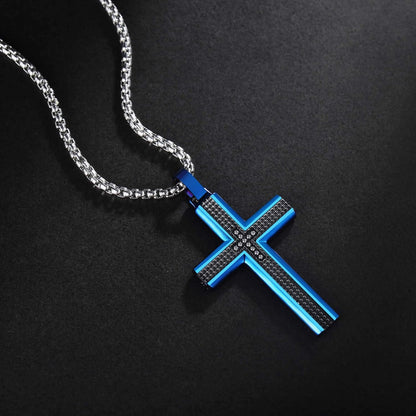 Men’s Stainless Steel Cross Necklace – Two-Tone Black &amp; Blue Carbon Fiber Pendant with Gift Box | Modern Faith Jewelry