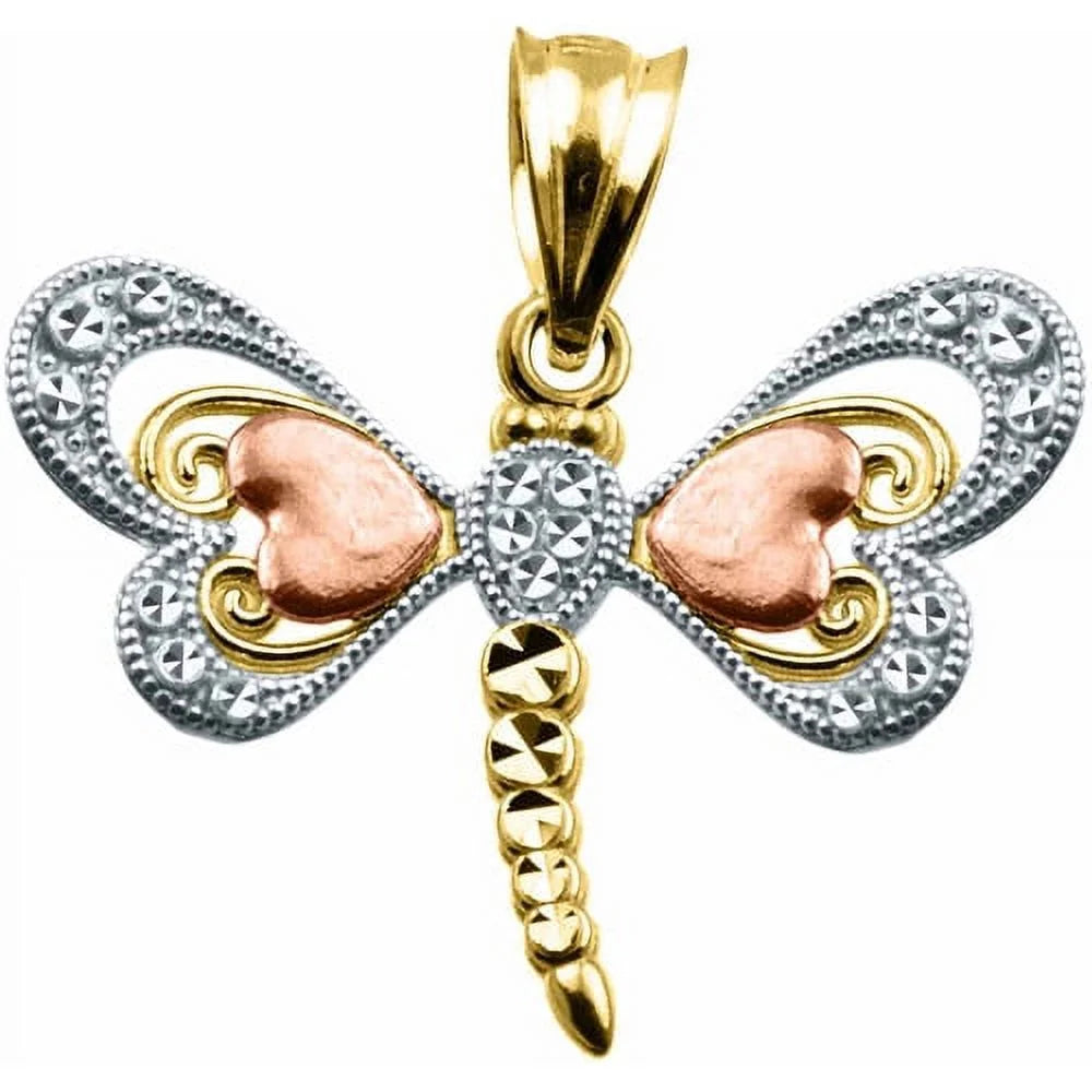 US GOLD Handcrafted 10Kt Tri-Color Gold Dragonfly Charm Pendant – Yellow, Rose &amp; White Gold