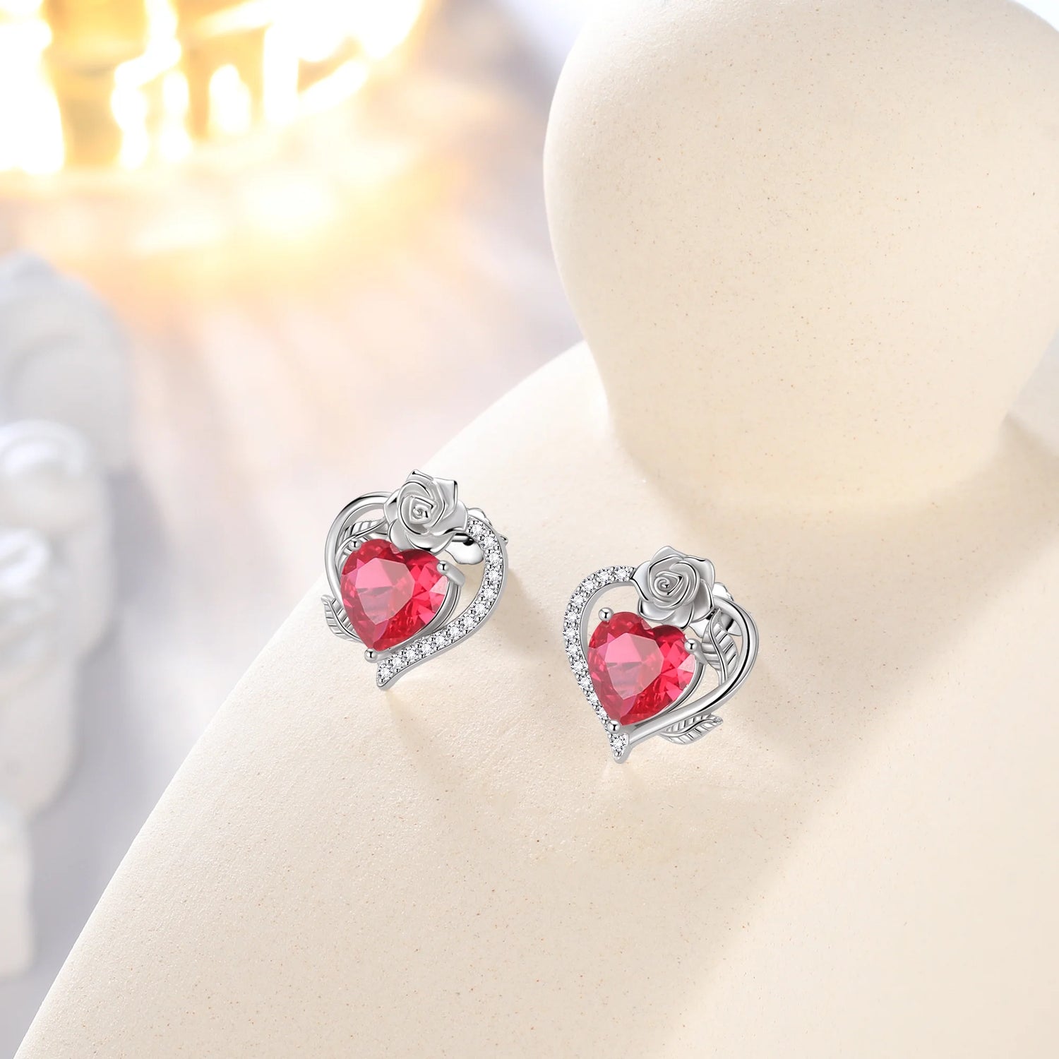 Rose Heart Birthstone Earrings – July Birthstone Studs with Rose Flower Design in 925 Sterling Silver | Elegant Jewelry Gift for Women