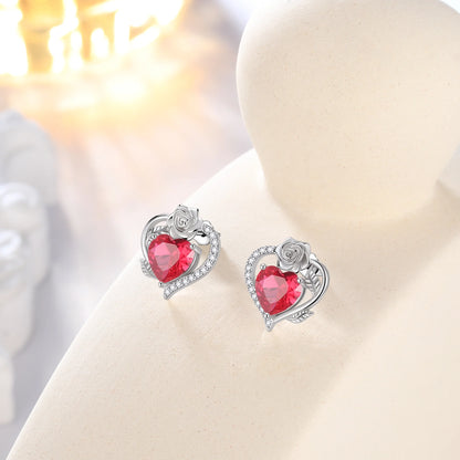 Rose Heart Birthstone Earrings – July Birthstone Studs with Rose Flower Design in 925 Sterling Silver | Elegant Jewelry Gift for Women