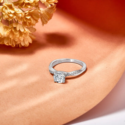 Cathedral Prong 1 Ct Round Moissanite Infinity Engagement Ring – 18K White Gold Plated over Silver, Half Pave Twisted Shank