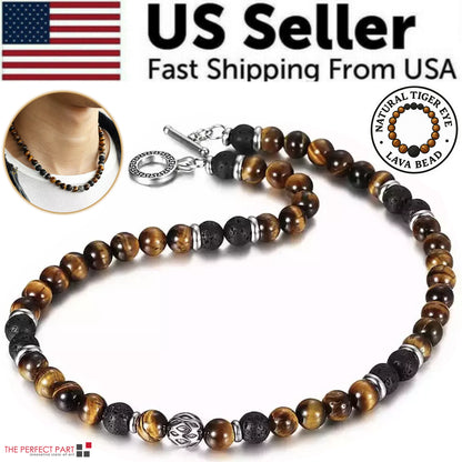 Men’s 8mm Natural Tiger Eye Lava Bead Necklace – Stainless Steel Toggle Clasp, 18/20/24&quot;