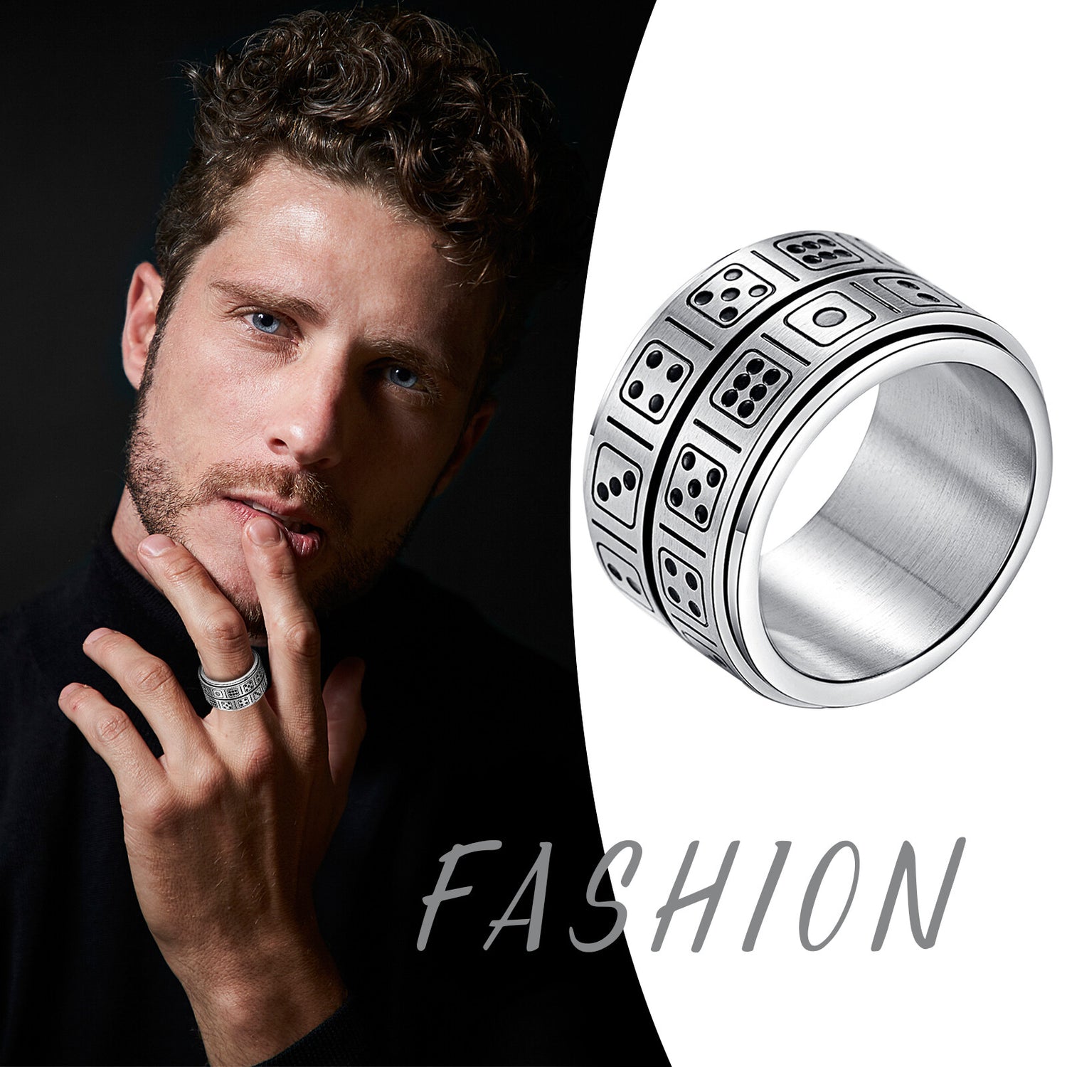 13MM Men’s Dice Spinner Ring – Anti-Anxiety Fidget Band for Stress Relief | Wide Stainless Steel Ring