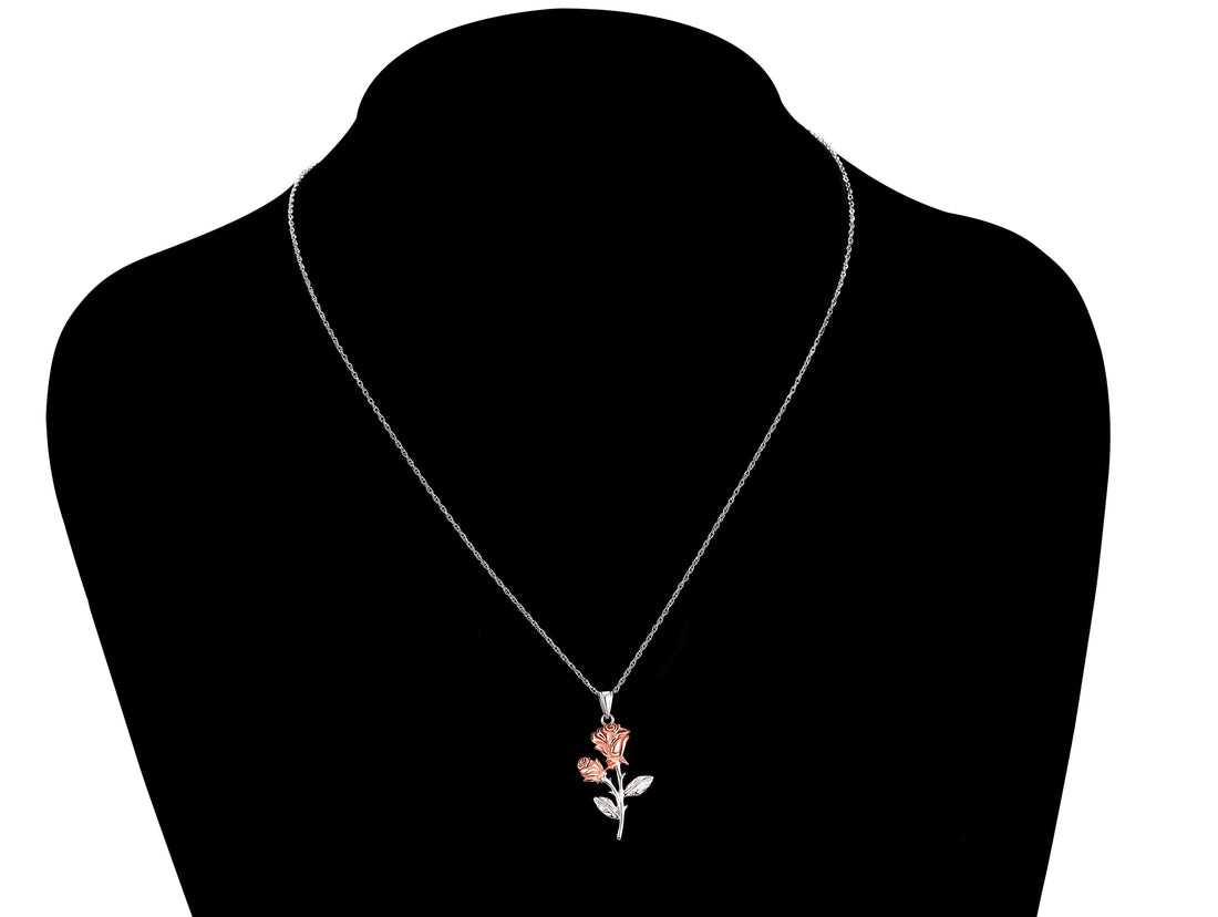 Women’s Rose Pendant Necklace – Two-Tone Sterling Silver with 14K Gold Plated Accents