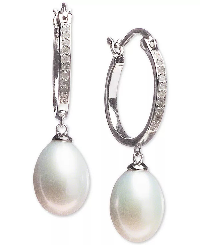 Cultured Freshwater Pearl &amp; Diamond Hoop Drop Earrings – 1/10 Ct. T.W., Sterling Silver, 7 x 9mm