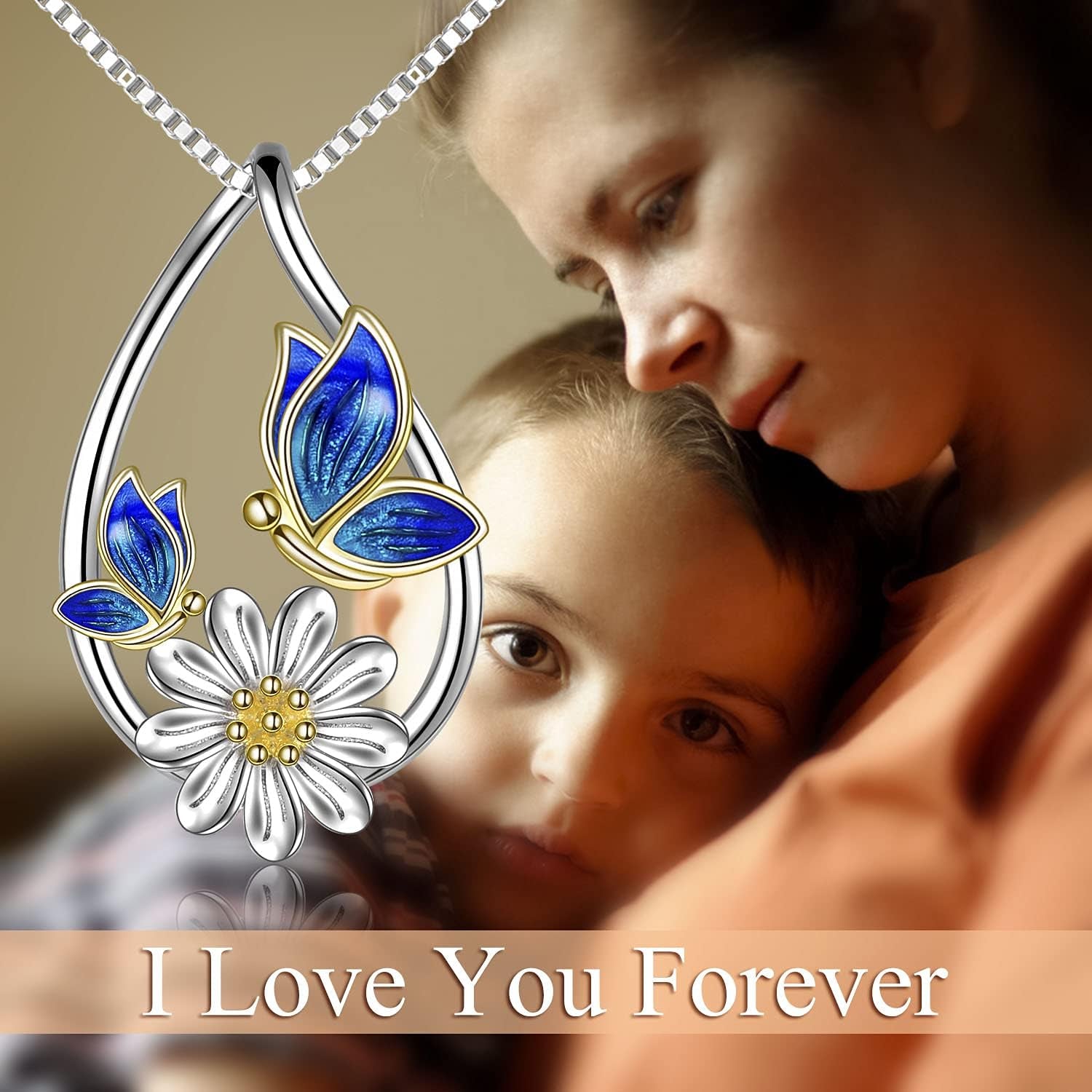 Butterfly Teardrop Daisy Flower Pendant Necklace – Sterling Silver Jewelry Gift for Women &amp; Teens