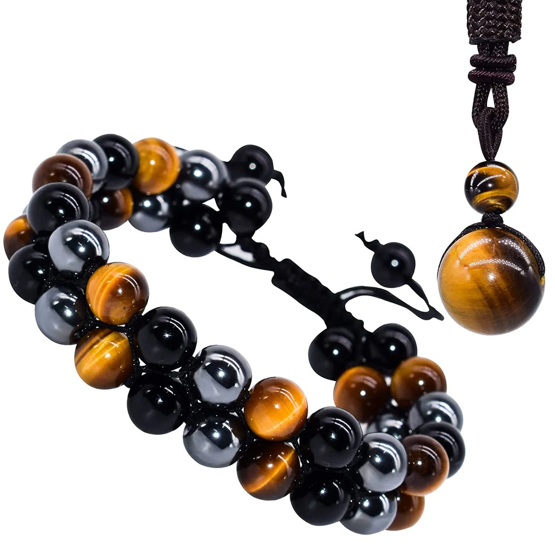 Triple Protection Crystal Bracelet – Handmade Tiger Eye, Hematite &amp; Black Obsidian Natural Stone Beads – 8mm Healing Bracelet for Men &amp; Women