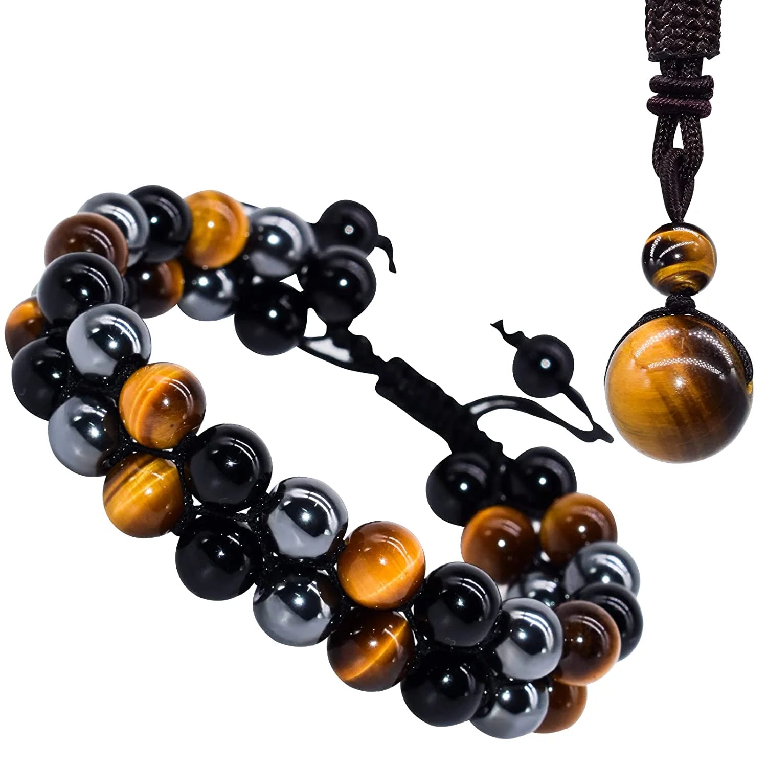Triple Protection Crystal Bracelet – Handmade Tiger Eye, Hematite &amp; Black Obsidian Natural Stone Beads – 8mm Healing Bracelet for Men &amp; Women
