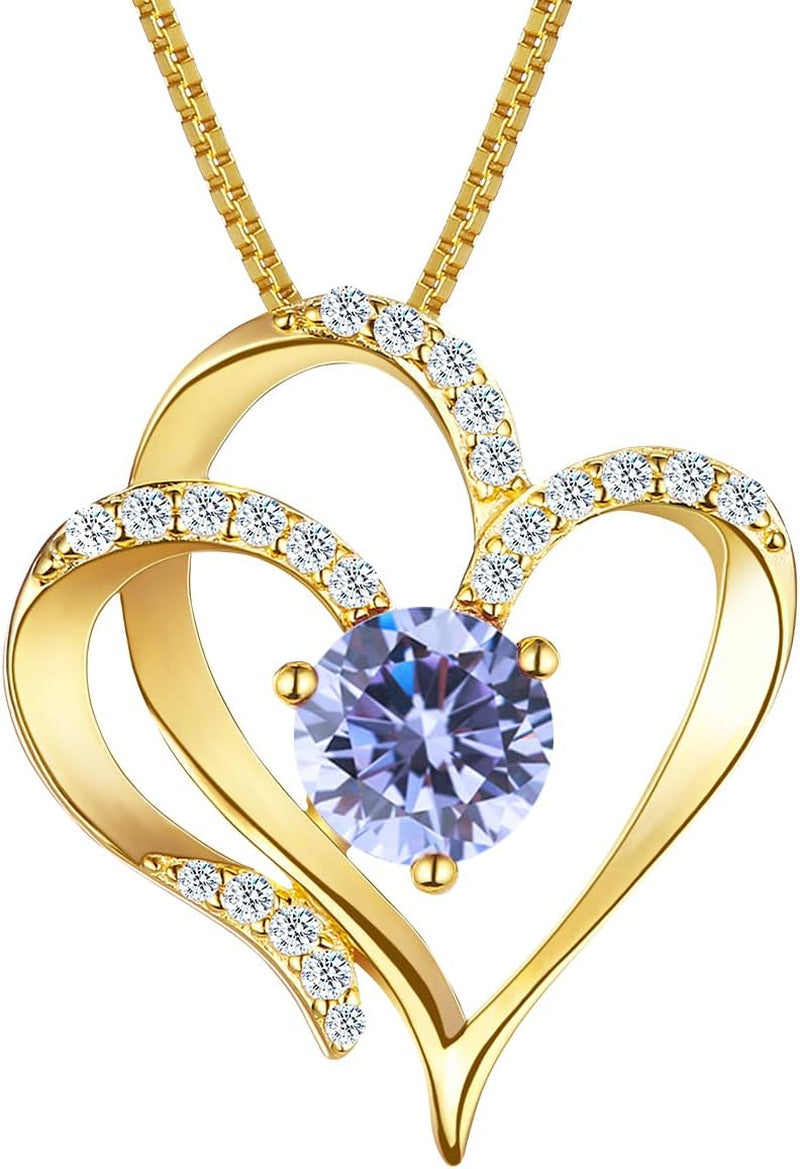 Love Heart Necklace for Women 925 Sterling Silver Gold Plated Zirconia Birthstone Pendant Necklaces for Mother Wife Birthday Christmas Jewelry Gift