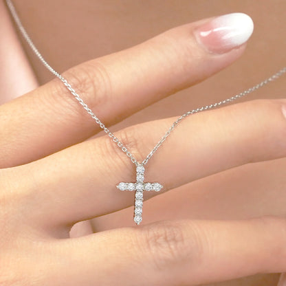 Shared-Prong 0.10 TCW Round Shape Diamond Pave Style Cross Pendant Necklace – 18K White Gold Plated over Sterling Silver