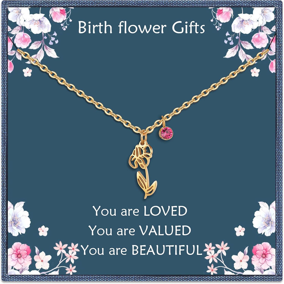 14K Gold Plated Birth Flower Necklace – Birth Month Floral Birthstone Pendant | Perfect Birthday Gift for Women, Moms &amp; Friends
