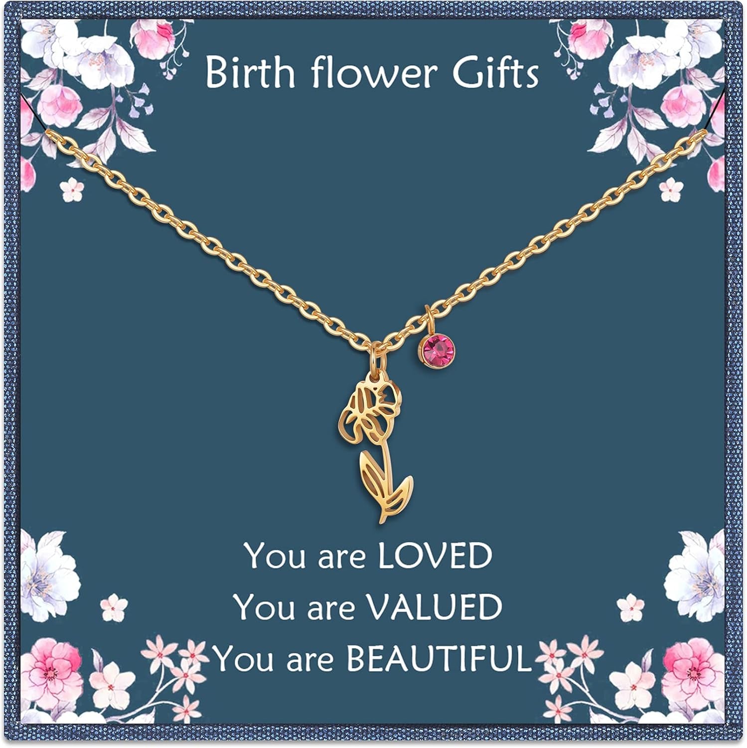 14K Gold Plated Birth Flower Necklace – Birth Month Floral Birthstone Pendant | Perfect Birthday Gift for Women, Moms &amp; Friends
