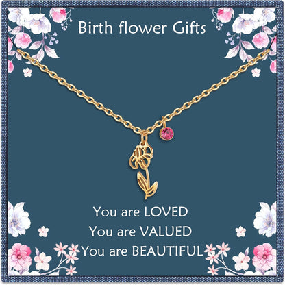 14K Gold Plated Birth Flower Necklace – Birth Month Floral Birthstone Pendant | Perfect Birthday Gift for Women, Moms &amp; Friends