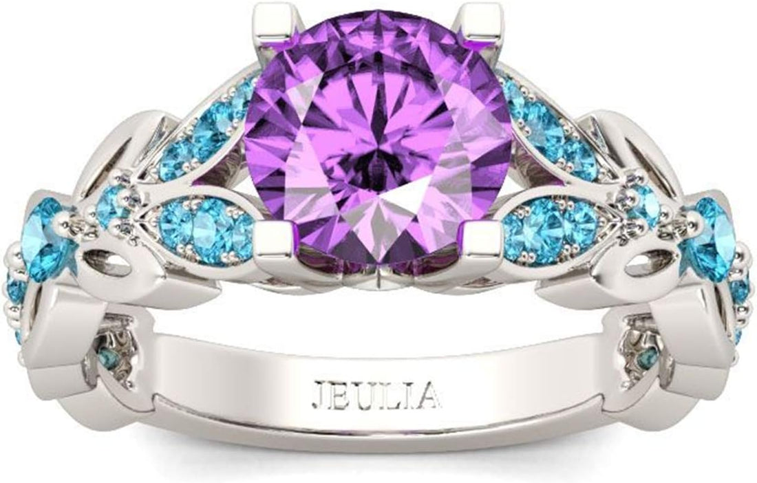4.3 Carat Personalized Sterling Silver Butterfly Ring Set for Women – Purple Amethyst Round Cut Bridal Wedding Engagement Eternity Promise Rings