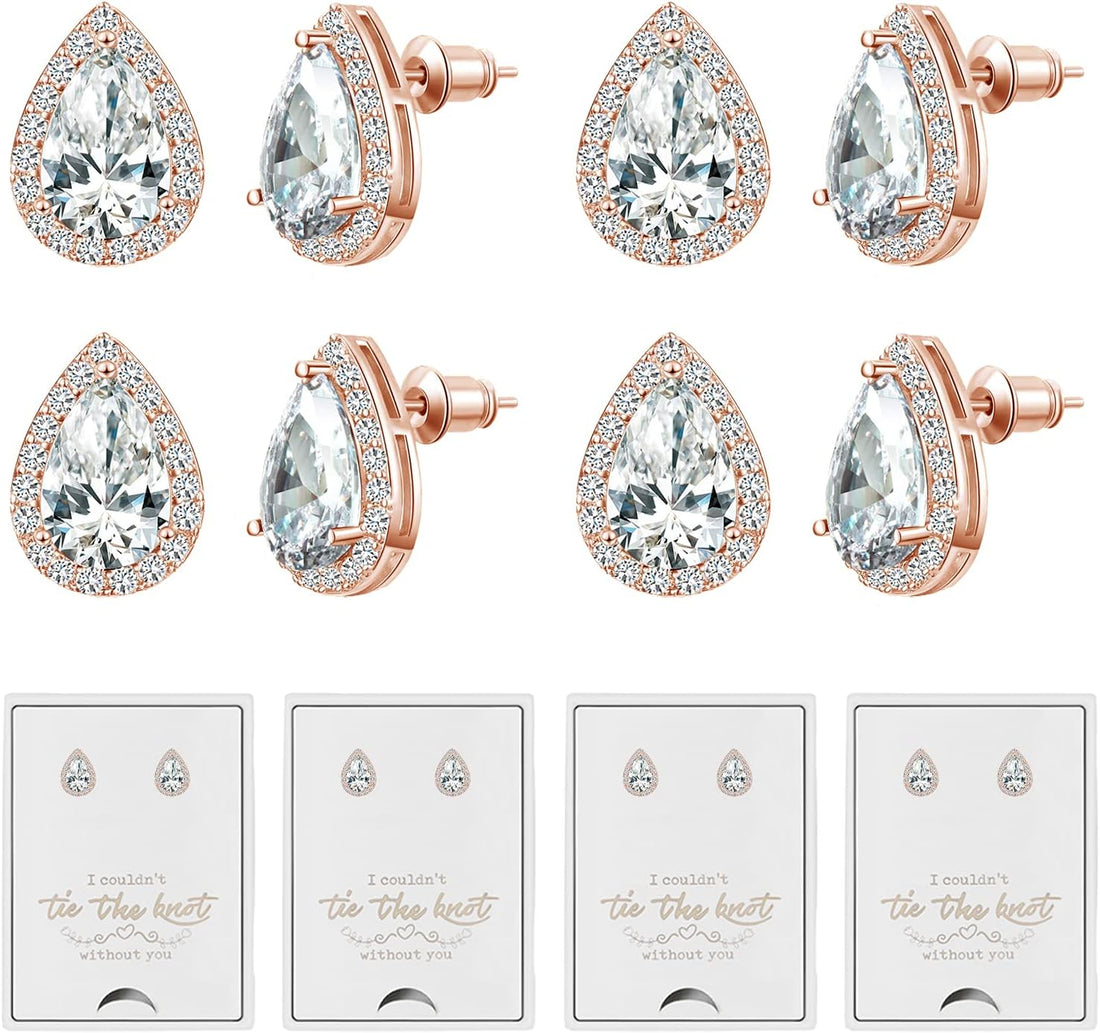 Bridesmaid Gift Set of 6 or 4 – Rose Gold Knot Stud Earrings with “I Couldn’t Tie the Knot Without You” Card – Wedding Proposal Jewelry for Women, Hypoallergenic