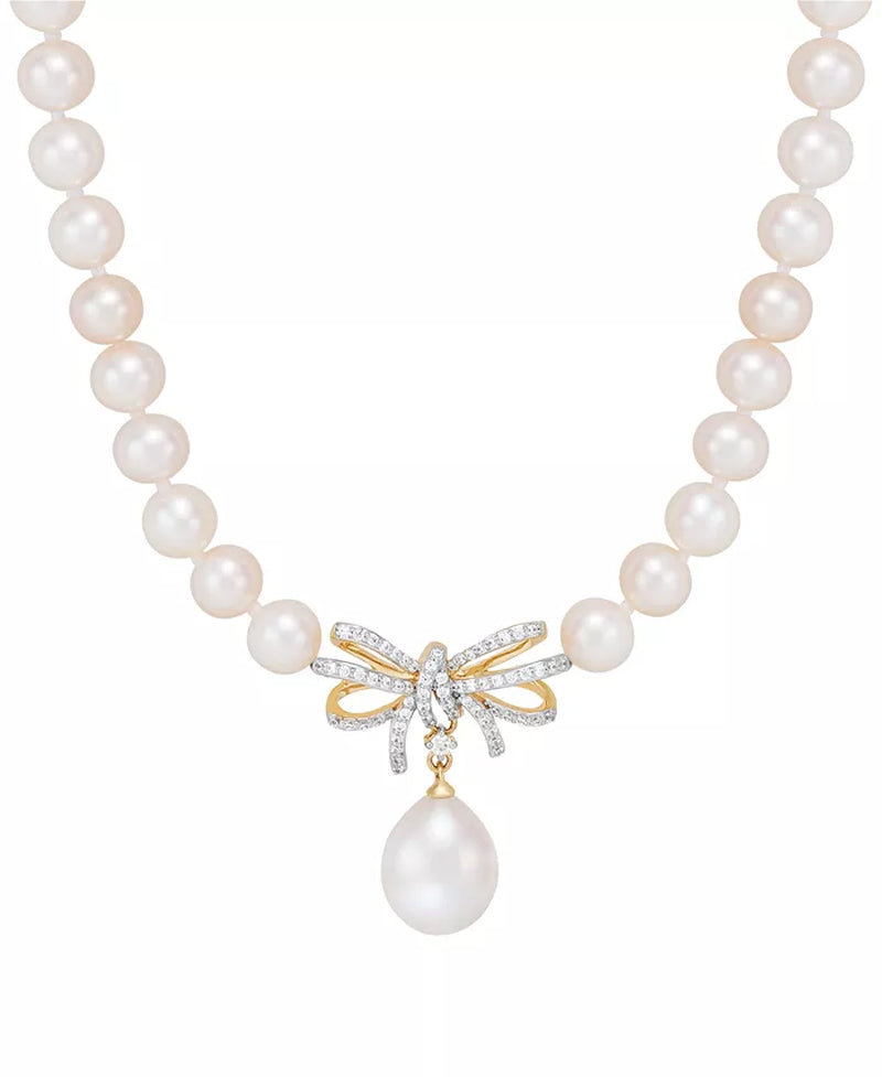 Cultured Freshwater Pearl &amp; Diamond Ribbon Collar Necklace – 1/5 Ct. T.W., 10K Gold, 17&quot;