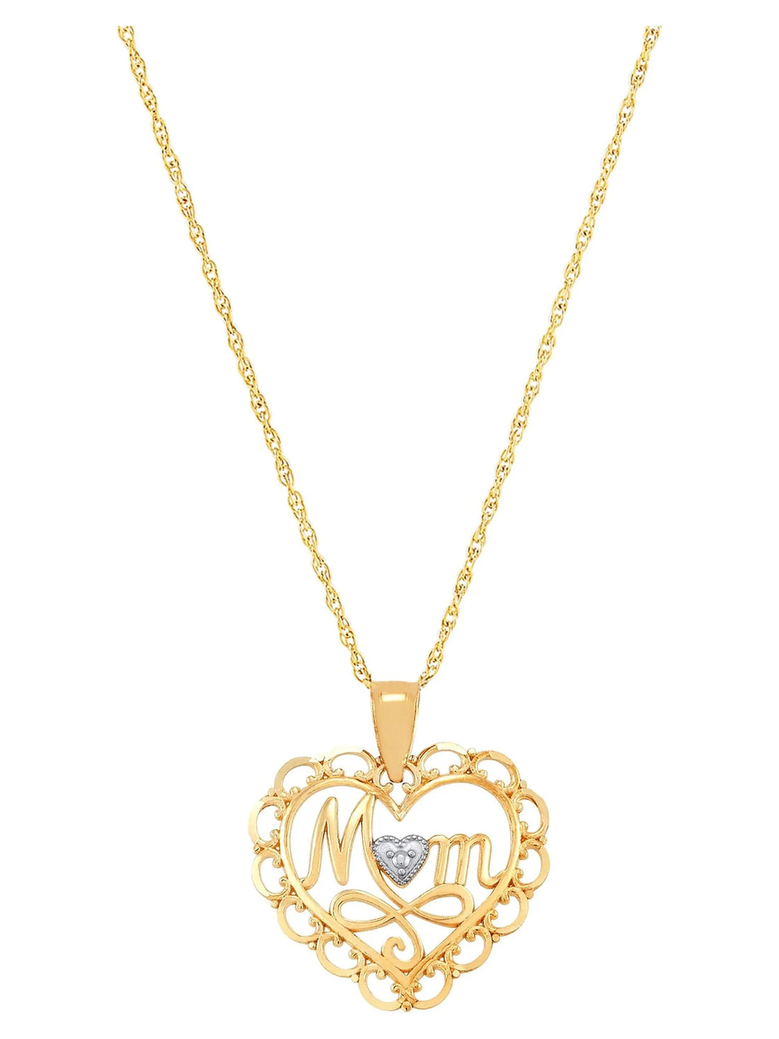 10K Yellow Gold “Mom” Heart Pendant with Rhodium Filigree – 18&quot; Gold Filled Chain