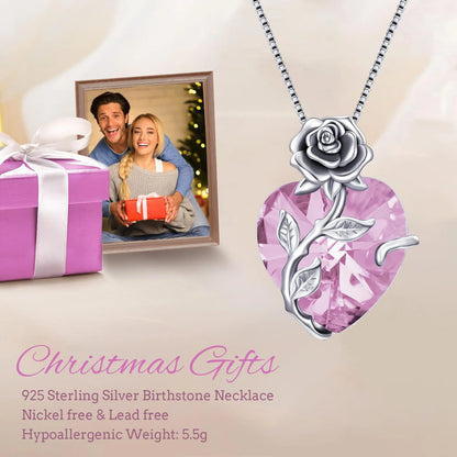 S925 Sterling Silver October Birthstone Necklace – Pink Tourmaline Blooming Rose Heart Pendant Gift for Women