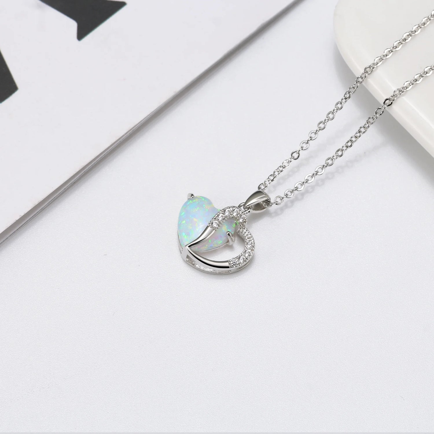 Heart Shape Fire Opal CZ Pendant Chain Necklace for Women – Elegant Sparkling Jewelry Gift