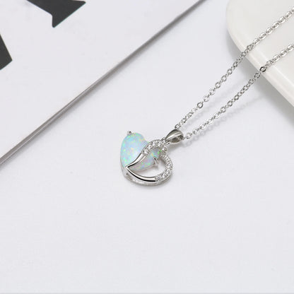 Heart Shape Fire Opal CZ Pendant Chain Necklace for Women – Elegant Sparkling Jewelry Gift