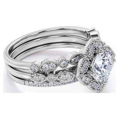 Unique 1.75 Carat Real Moissanite Wedding Trio Ring Set – Engagement Ring with 2 Wedding Bands in 18K Gold over Silver