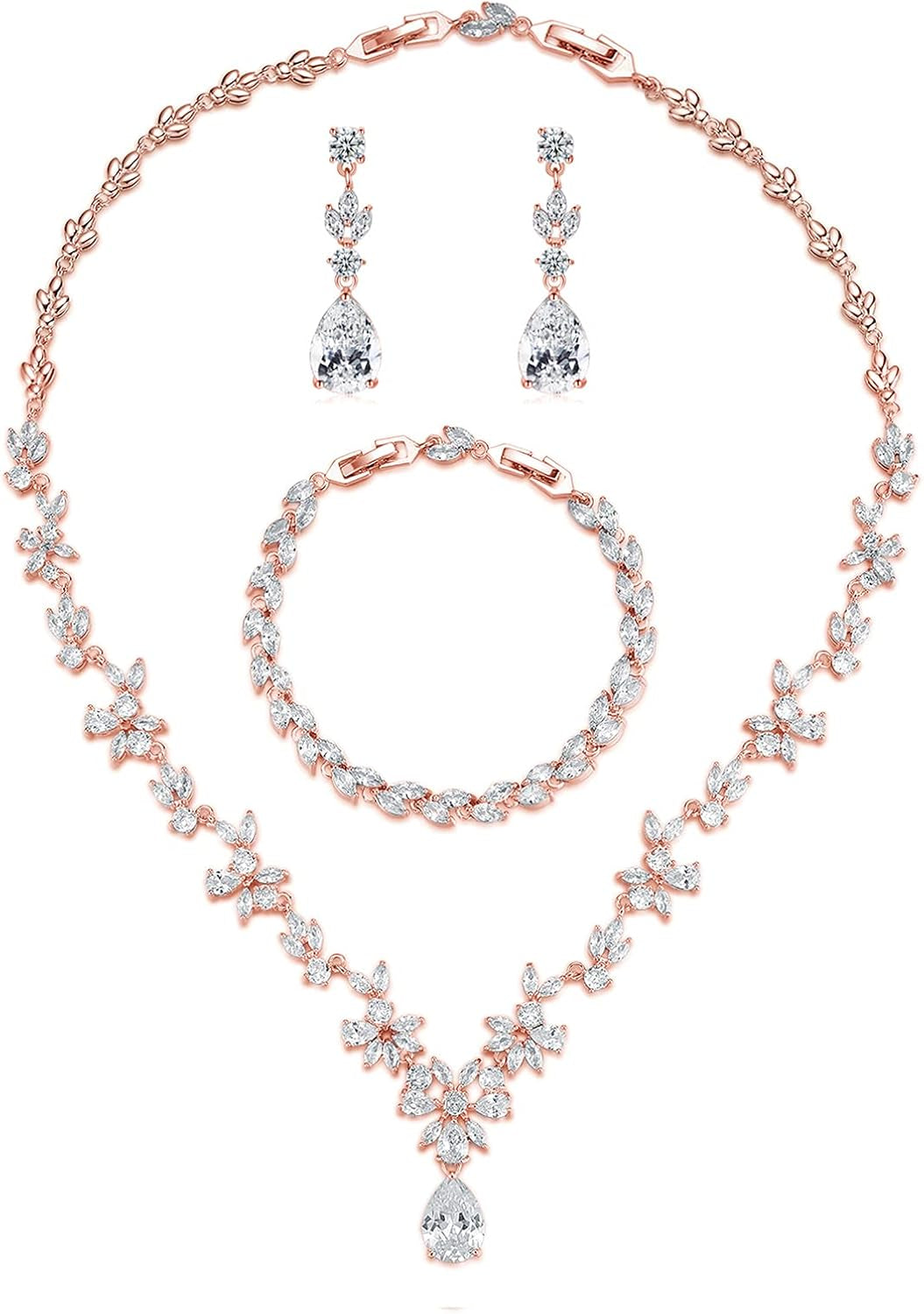 Wedding Jewelry Set – Silver Necklace, Earrings &amp; Bracelet with Clear Cubic Zirconia for Bride &amp; Bridesmaids