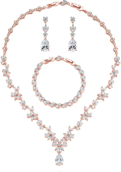 Wedding Jewelry Set – Silver Necklace, Earrings &amp; Bracelet with Clear Cubic Zirconia for Bride &amp; Bridesmaids
