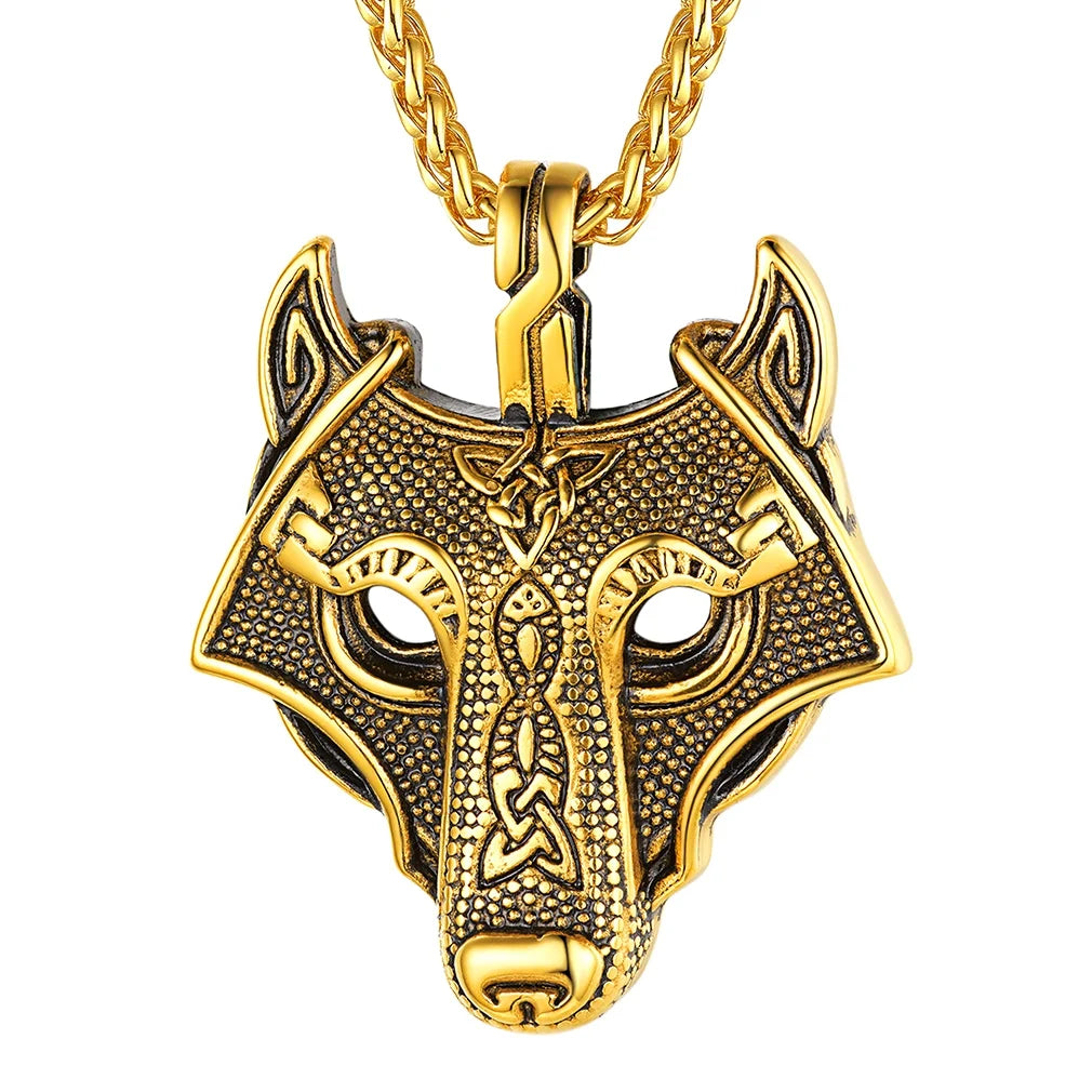 🐺 Viking Wolf Head Necklace for Men – Gold Plated Norse Celtic Amulet Pendant Norse Mythology Wolf Jewelry | Strength &amp; Courage Talisman | Birthday Gift for Men, Friends, Grandson