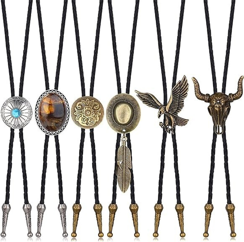 6-Piece Men’s Western Bolo Tie Set – Cowboy Leather Neckties with Turquoise, Tiger Eye &amp; Native American Pendants
