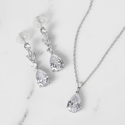 Teardrop Crystal Wedding Jewelry Set – Silver Bridal Necklace and Drop Earrings for Women, Brides, Bridesmaids, Prom &amp; Special Occasions
