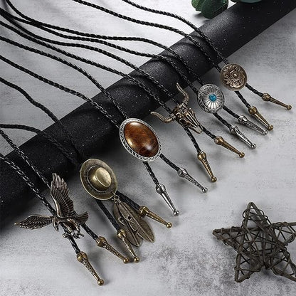 6-Piece Men’s Western Bolo Tie Set – Cowboy Leather Neckties with Turquoise, Tiger Eye &amp; Native American Pendants