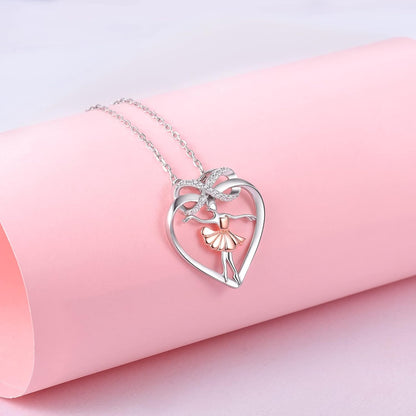 Ballet Dancer Necklace – 925 Sterling Silver Heart Ballerina Infinity CZ Pendant for Women