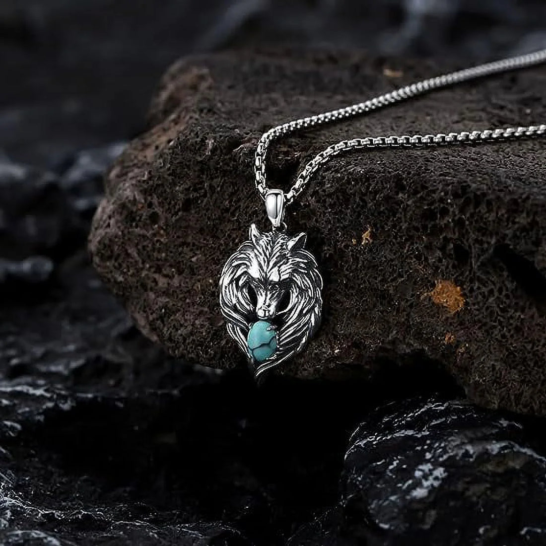 Wolf Necklace – 925 Sterling Silver with Turquoise Pendant, Men’s Wolf Jewelry Gift