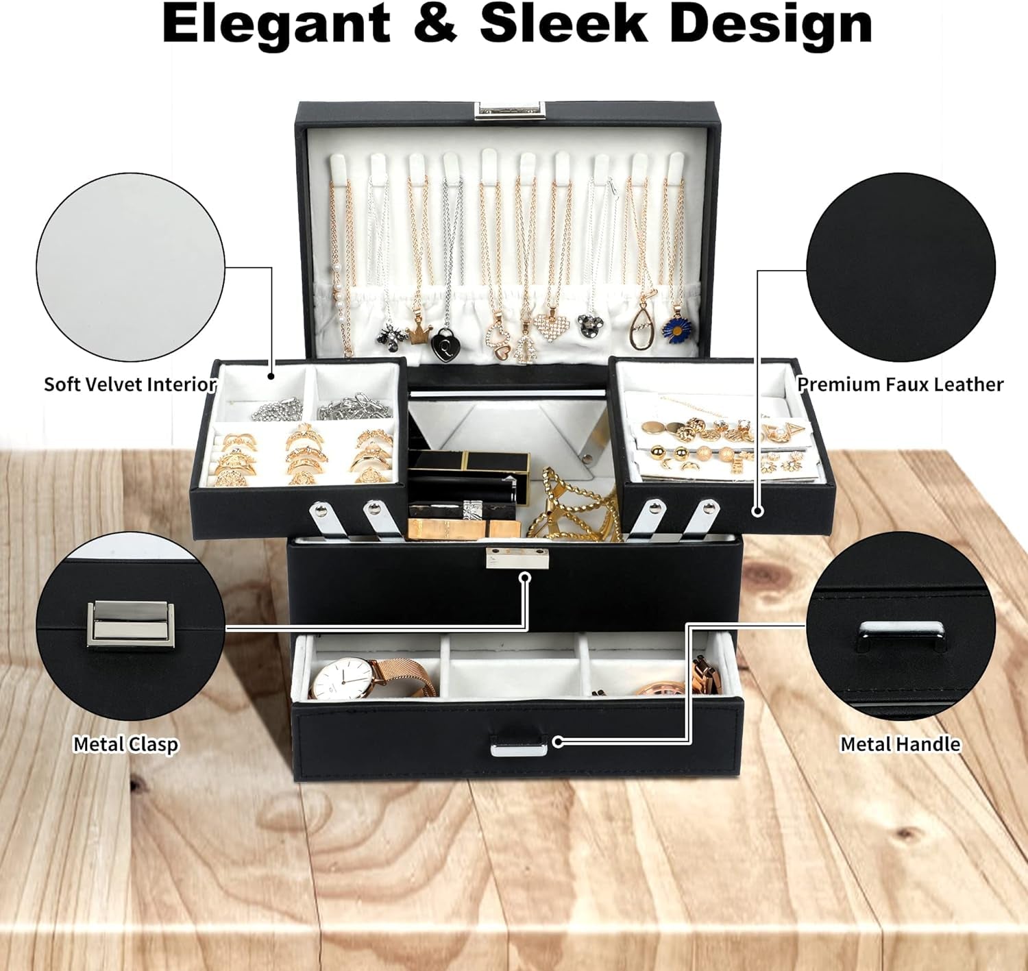 3-Layer Jewelry Box for Women &amp; Girls – Black Jewelry Organizer Case for Rings, Earrings, Necklaces &amp; Bracelets