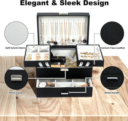 3-Layer Jewelry Box for Women &amp; Girls – Black Jewelry Organizer Case for Rings, Earrings, Necklaces &amp; Bracelets