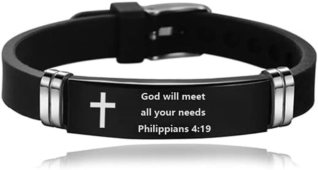 Religious Cross Silicone Sport Bracelet for Men &amp; Women – Adjustable Stainless Steel Christian Bible Wristband Bangle