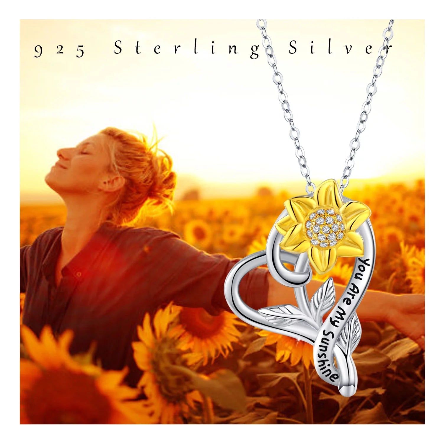 You Are My Sunshine Sunflower Necklace – 925 Sterling Silver Heart Pendant for Women, Mom, Daughter, Wife | Birthday Gift Jewelry