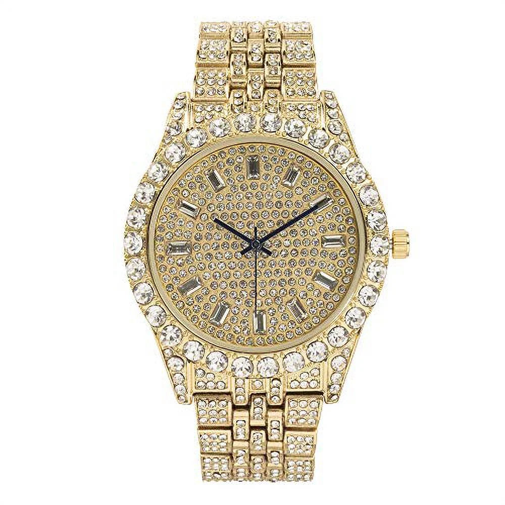 Blinged-Out Cuban Necklace with Matching Bracelet &amp; Fire Iced-Out Timepiece – Boujee 3-Piece Set 2023 (Gold/Gold, CNBW ST10226)