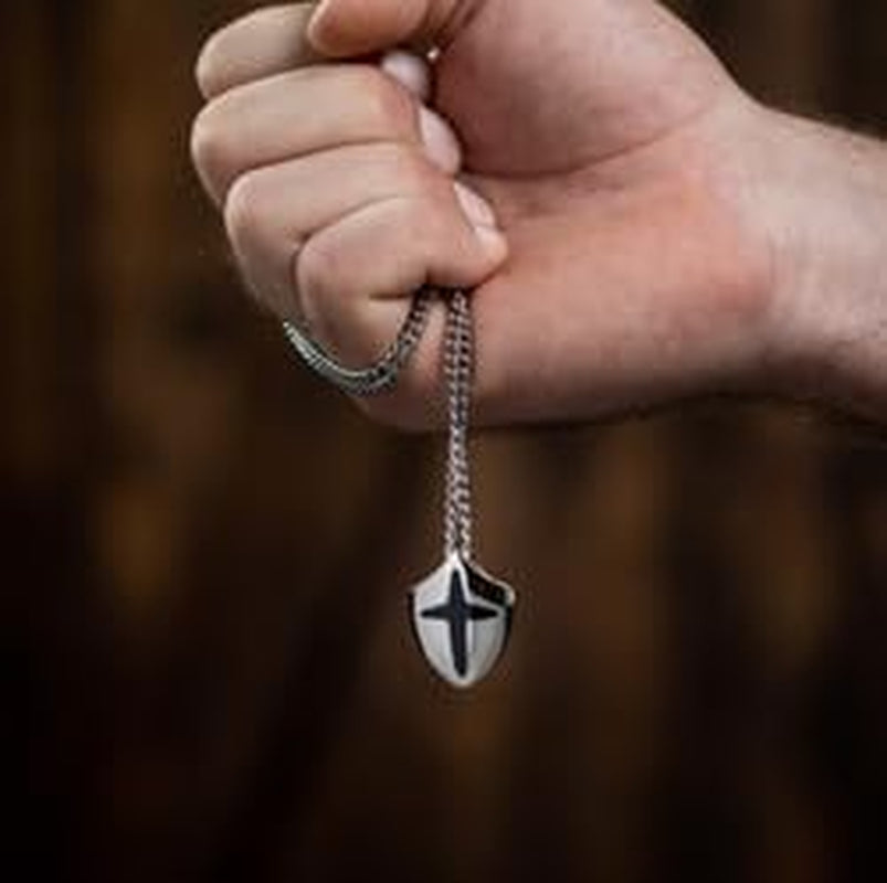 Cross Shield Necklace – Stainless Steel Pendant Inscribed with Joshua 1:9 | Symbol of Courage and Faith