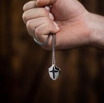 Cross Shield Necklace – Stainless Steel Pendant Inscribed with Joshua 1:9 | Symbol of Courage and Faith