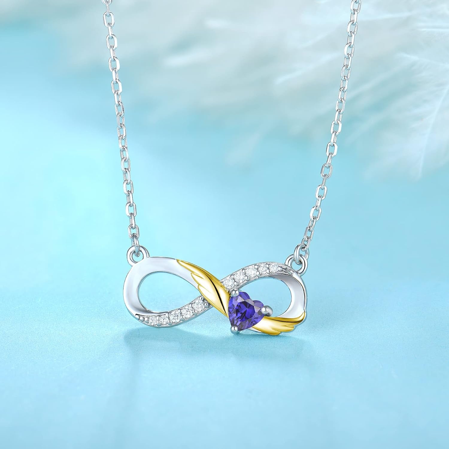 925 Sterling Silver Infinity Necklace – Angel Wings Heart Birthstone Pendant for Women
