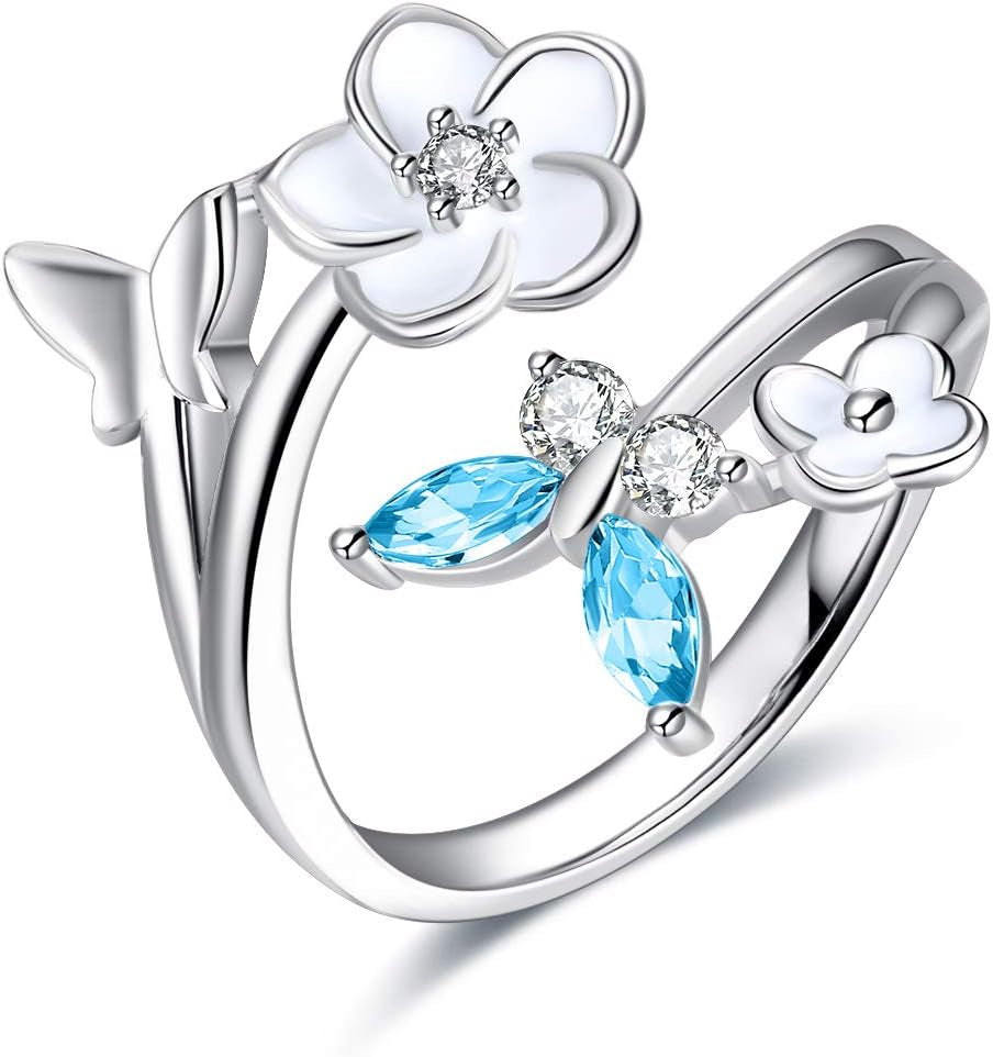 Sterling Silver Butterfly Ring with Cubic Zirconia Flower – Adjustable Band Jewelry for Women