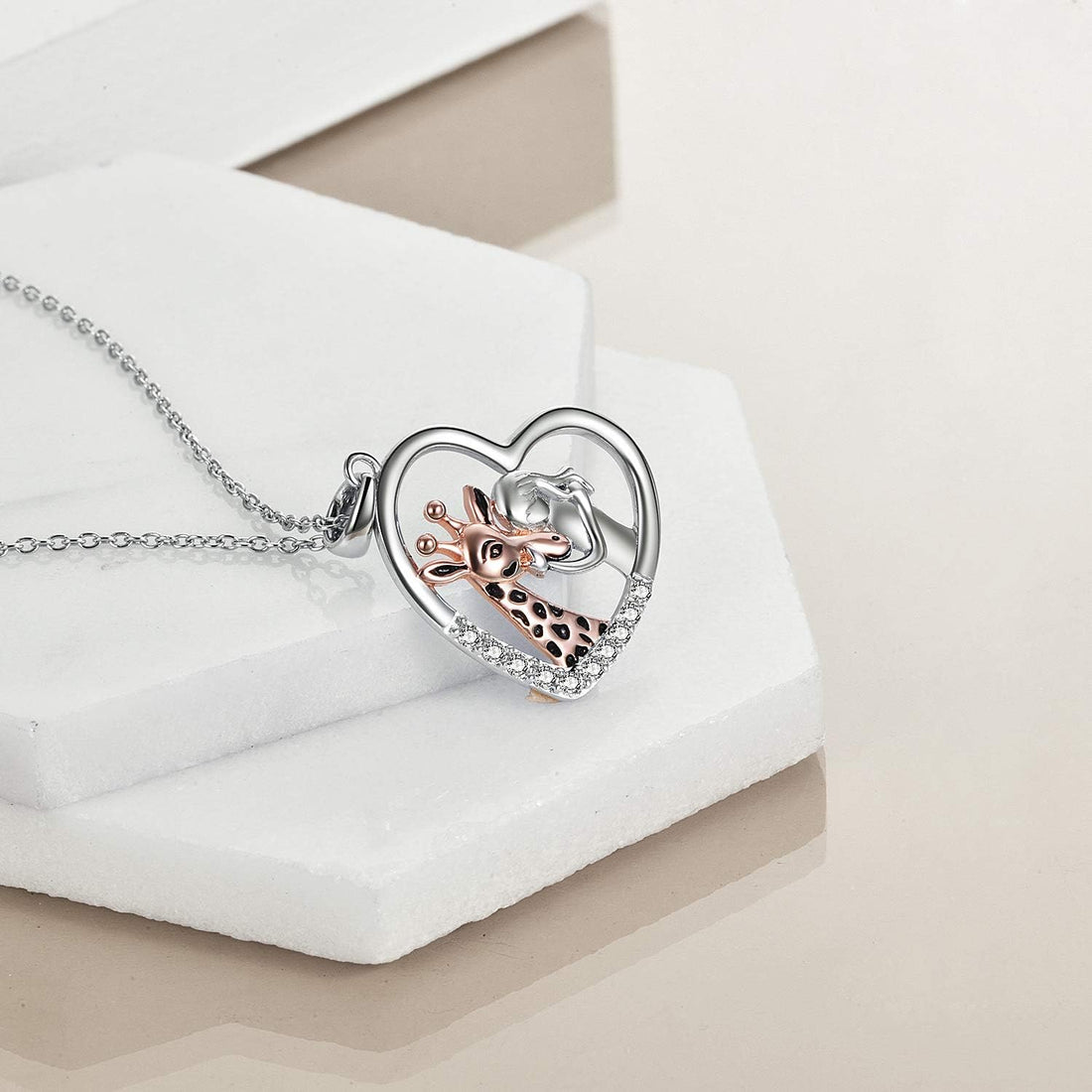 Giraffe &amp; Girl Heart Pendant Necklace – 925 Sterling Silver