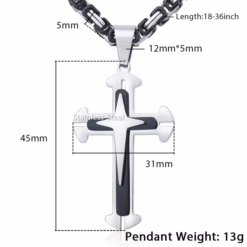 Men’s Cross Pendant Necklace – 3-Layer Knight Cross in Stainless Steel, Gold/Black/Silver – Durable Chain Jewelry (Model DDLKP179)