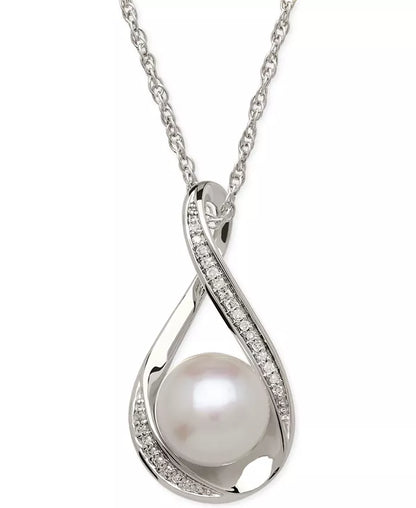 Cultured Freshwater Pearl (9mm) and Diamond Accent Pendant Necklace in 14K Gold – 18&quot;