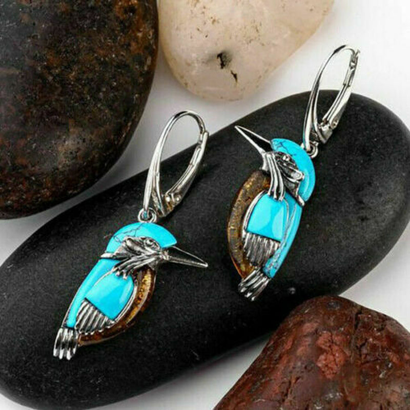 Bird Hoop Dangle Earrings – Turquoise Lab-Created Silver Plated Jewelry for Women