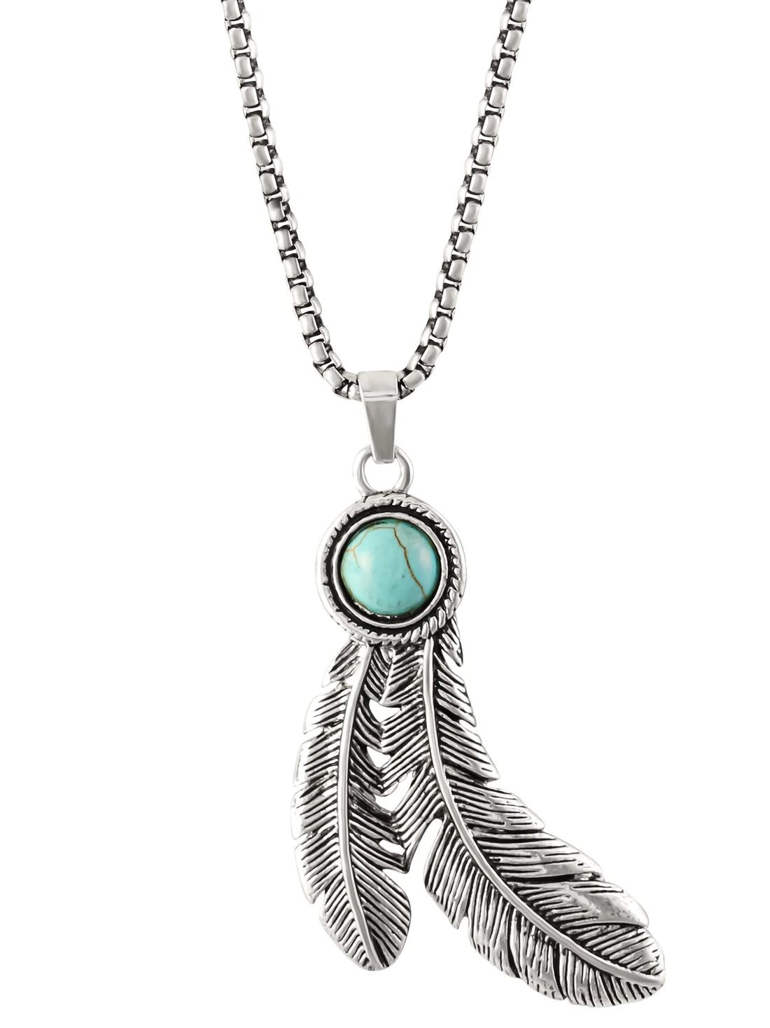 Faux Turquoise Feather Necklace – Silver Tone, 28&quot; + 3&quot; Adjustable Chain
